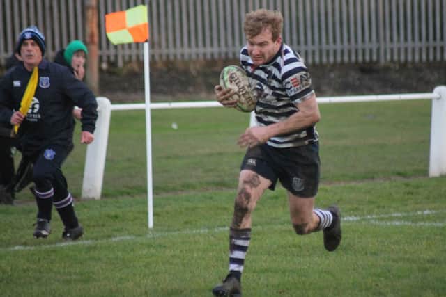 Pocklington RUFC's Jed Jackson steams in to score in the derby win at Beverley on Saturday afternoon. PHOTO BY PHIL GILBANK