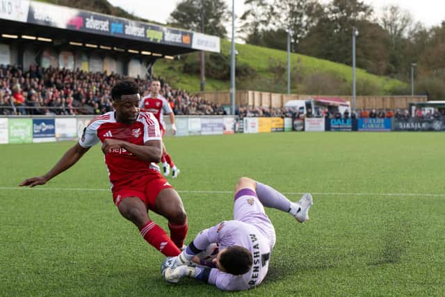 Boro's Kieran Weledji gives it his all during the 2-1 loss at home to National League North play-off rivals Southport. Photos by Wandering Photography