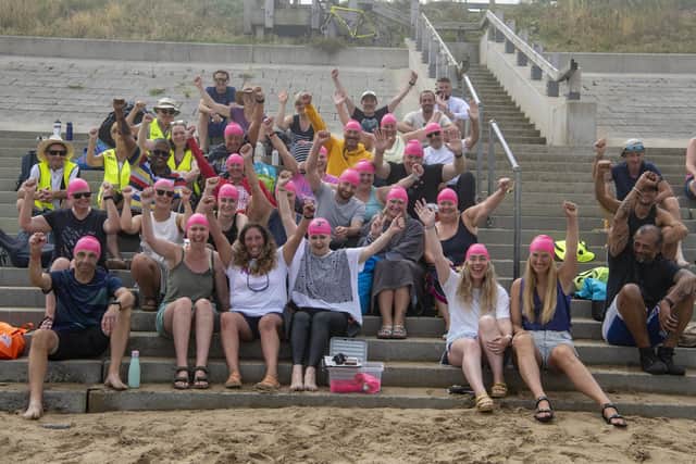 Participants of the sea swim race put on a brave face after a thick sea fret in Sandsend caused the event to be cancelled during 2022 Whitby Regatta.  
Picture Tony Johnson.
