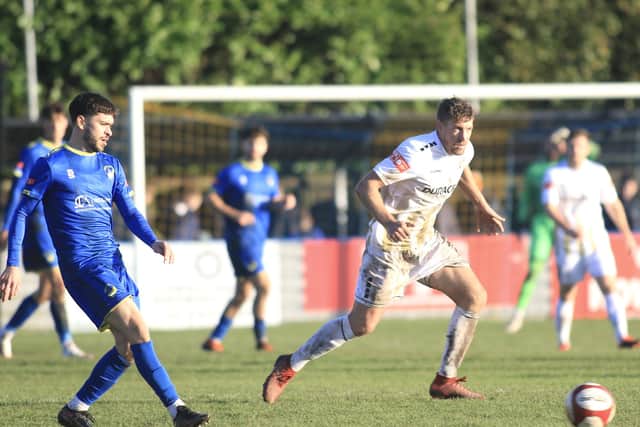 Skipper Simon Heslop in action for Brid Town during the win at Garforth Town. PHOTOS BY TCF PHOTOGRAPHY