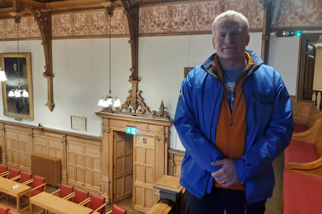 Resident Andy Nattrass at the High Mill planning meeting in Scarborough. picture: LDRS / Antonni Numminen