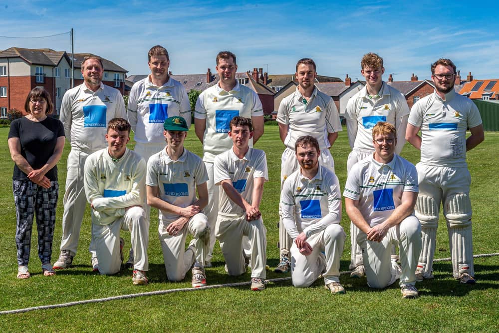Whitby CC 1sts line up, back, from left, Pauline Russell (Scorer), Ricky Hall, Steve Allen, Ollie Lane, James Fawcett, Rhys Buck, Tom Steyert. Front, from left , Theo Clarke, Matty Steyert, Charlie Taylor, Kai Morris (Captain) and Lewis Brearley. PHOTOS BY BRIAN MURFIELD