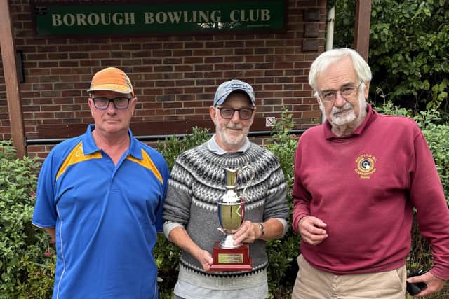From left, runner-up Paul Morgan, Over-60s Championship winner Harry Old and David Muir, who presented the trophy and the prizes, donating the trophy in memory of his late parents, Ray (an Eastfield bowler) and Mary Muir.