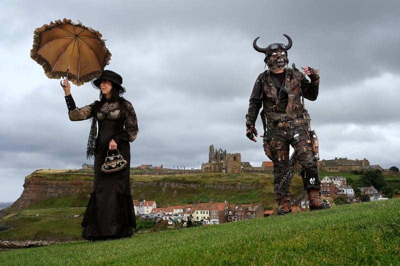Steampunk Weekend in Whitby - On West Cliff, Denise Ennett and Dave Leeson take in the view.