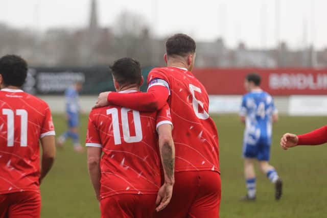 Goalscorers Michael Coulson, number 10, and Tom Allan, no 6, celebrate. Photo by Rhys O'Callaghan