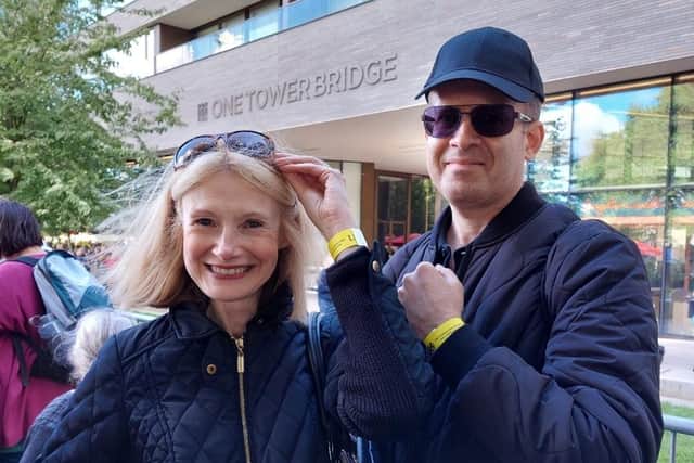 Sally-Ann Fawcett proudly display her wristband with husband Anthony