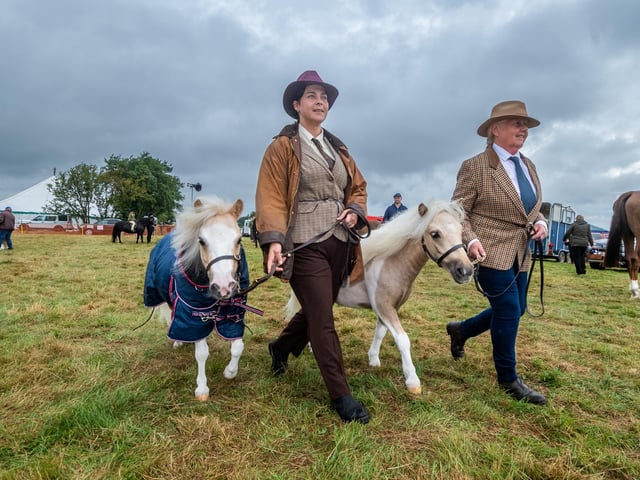 Pictured (left to right) Rachael Wrigglesworth, with Penny, and Judith Carveth, with Cheeky, exercise their two mini miniature Shetland ponies before competing
