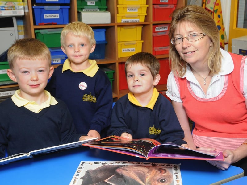2009. Snainton School new starters (from left).. Ben Peckitt, George Heap, and Locksley Rutherford with their teacher Karen Johnson.