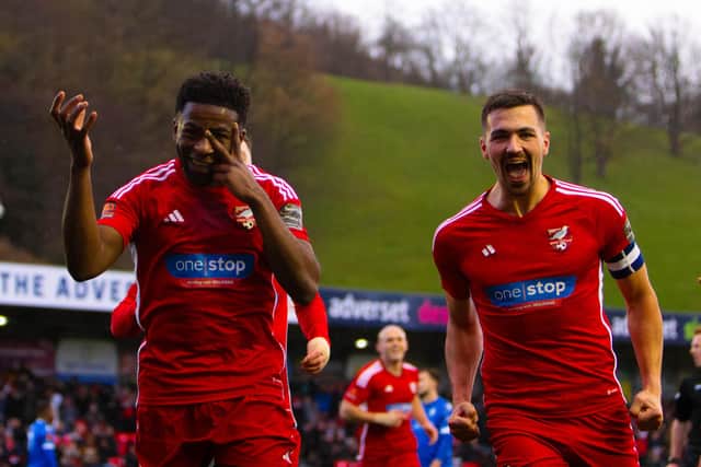 Kieran Weledji, left, and skipper Will Thornton, celebrate Weledji's goal in the win at home to Bishop's Stortford. Photo: Jack Steven Roberts Media