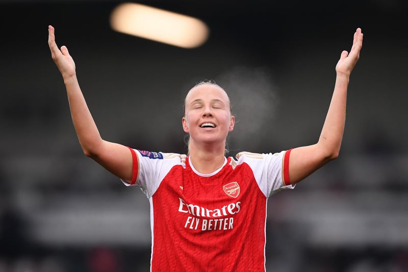 Beth Mead celebrates scoring Arsenal's second goal. 
Photo by Alex Burstow/Arsenal FC via Getty Images.