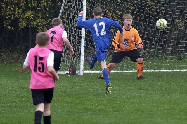 Ayton Under-13s fire a shot at goal against Eastfield Under-13s