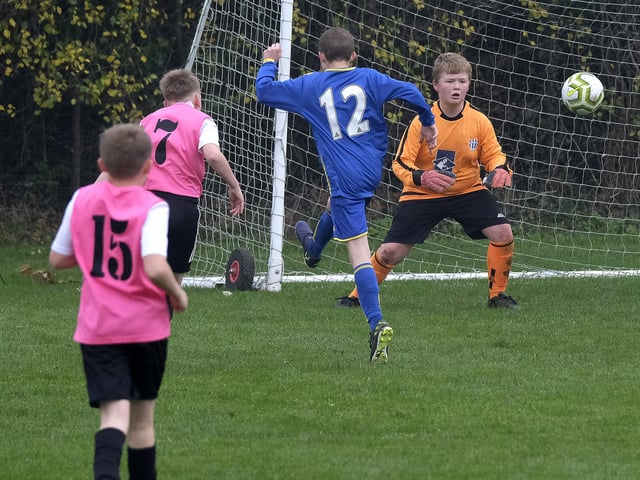 Ayton Under-13s fire a shot at goal against Eastfield Under-13s