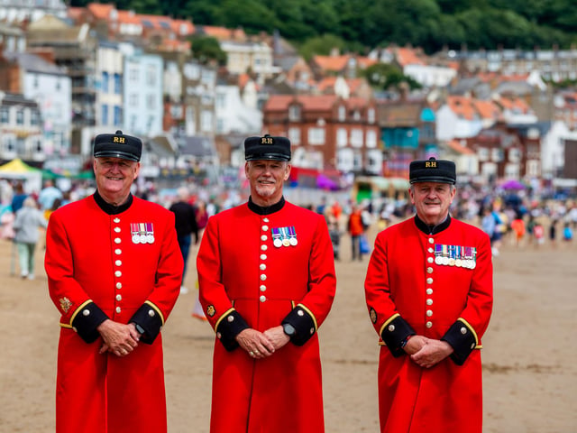 Chelsea Pensioners (IP's) Alan Gill, Pat Callaghan, and Albert Weastell, on the South Bay beach, Scarborough.