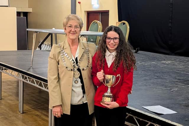 Dahli Proud of Fylingdales School who won The Perry Cup, pictured with Whitby Mayor Sandra Turner.