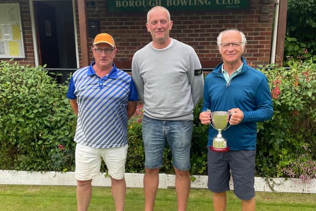 From left, runner-up Paul Morgan, Borough BC's Andy Adamson and winner Dave Pryce.