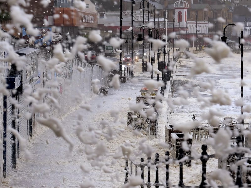 Foam blowing in the strong winds at Scarborough South Bay.