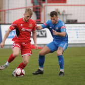 Will Sutton in action for Brid Town during the 5-3 loss at home to Newton Aycliffe on Saturday. PHOTOS BY DOM TAYLOR