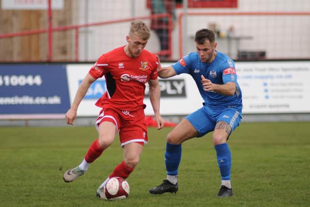 Will Sutton in action for Brid Town during the 5-3 loss at home to Newton Aycliffe on Saturday. PHOTOS BY DOM TAYLOR