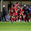 Boro celebrate Lewis Maloney's late winner at Oxford City. Photos by Top-pic photography