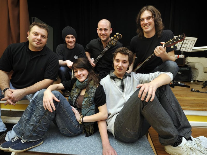 Rehearsing for Scalby School production of Rent, principal actors Leanne Walsh (Maureen) and Adam Jackson (Collins) with band members Jon Morgan (musical director), Jonny Walker, Jim Taylor, and Dan Robinson. 090776b