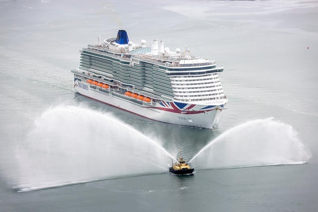 Britain’s largest and most environmentally-friendly cruise ship, Iona, arrives into her home port of Southampton ahead of her naming ceremony