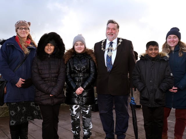 Mayor Eric Broadbent meets Friarage School staff and pupils, who participated with the storyboards.