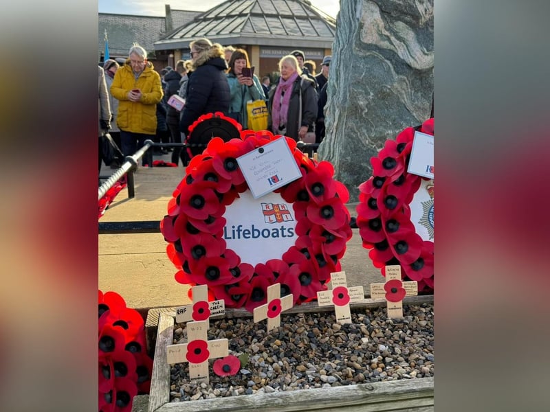 An RNLI wreath laid at Whitby's war memorial.
