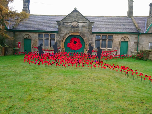 Brenda Legg has created this knitted poppy display at Roxby, near Staithes.