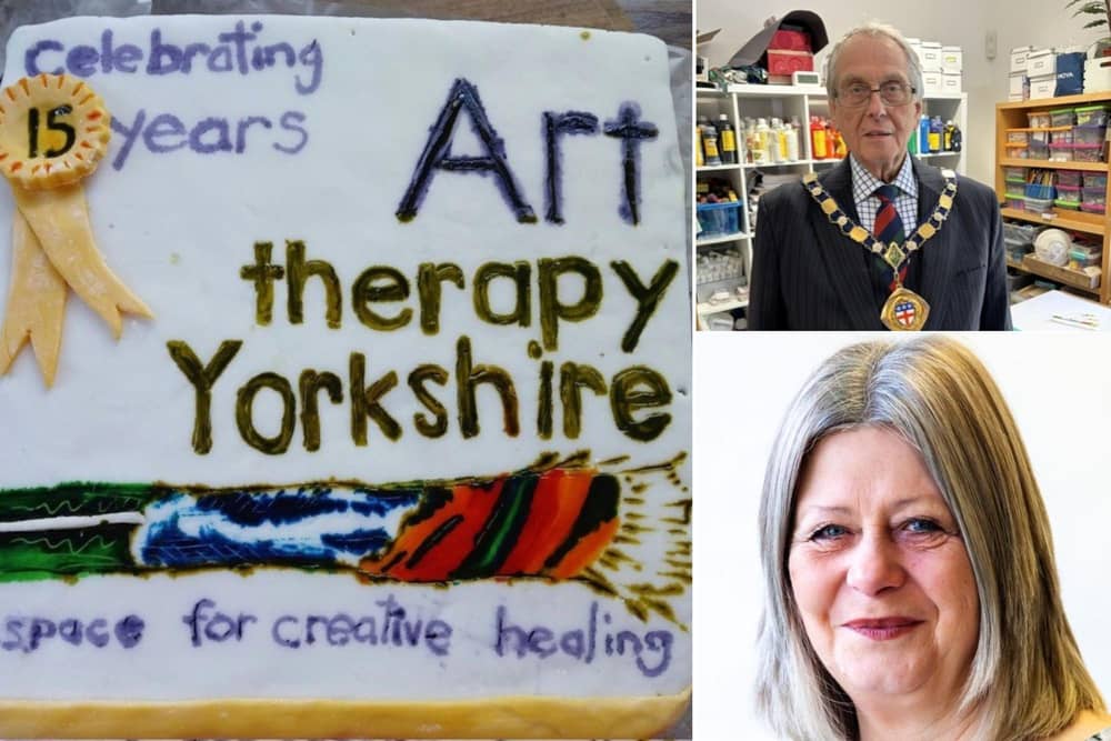 Clockwise from left: The 15th anniversary celebratory cake, Coun David Chance and Sue Holmes. Image: Arttherapy Yorkshire