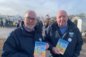 Farming Outlook producers John Harding (left) and Dougie Weake from the Yorkshire Agricultural Machinery Show at Murton, along with pictures showing pig and sheep farming.