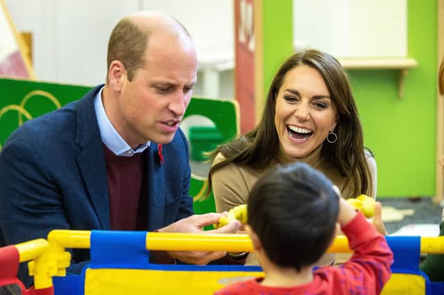 The Prince and Princess of Wales talk to nursery children at the Rainbow Centre in Scarborough. Picture: Bruce Rollinson