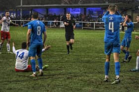 Whitby Town's Nathan Thomas is fouled for the visitors' penalty, with Jacob Gratton missing from the spot. PHOTOS BY WHITBY TOWN FC