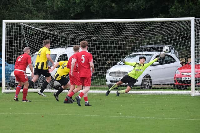 Scalby score during their 4-2 home win against Richmond Town Academy in the NRCFA Saturday Challenge Cup. PHOTOS BY RICHARD PONTER