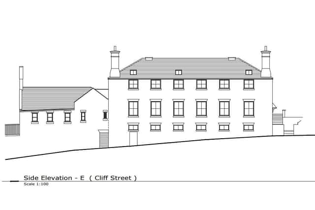 Image shows the proposed side elevation of the building on Cliff Street