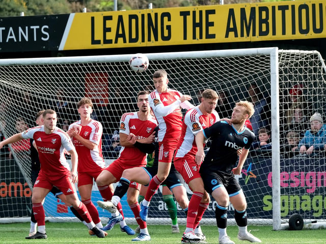 Boro defender Alex Brown rises highest to win a header at home to Chester.