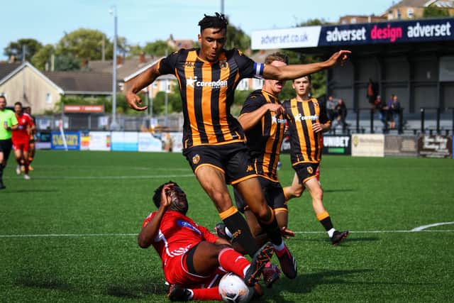 Kieran Weledji puts in a sliding challenge against Hull City UNder-21s during Saturday's friendly at The Flamingo Land Stadium. PHOOTS BY ZACH FORSTER