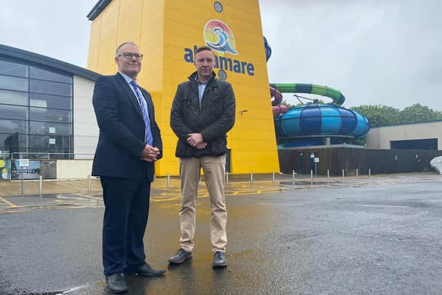 North Yorkshire Council deputy leader Councillor Gareth Dadd and Flamingo Land boss Gordon Gibb outside Alpamare water park in Scarborough Picture: LDRS