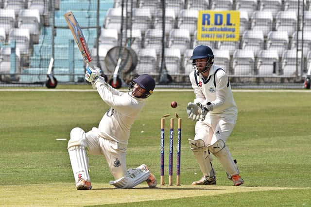 Scarborough's Jack Ingle is clean bowled. Photo by Simon Dobson