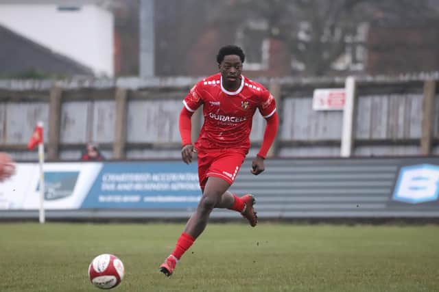 New defender Bolton Makwedze on the ball on his debut at home to Sheffield. Photo by TCF Photography