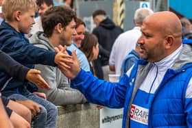 Blues boss Nathan Haslam thanks the Whitby Town fans at the end of a game last season.