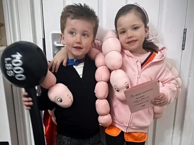 Evie and Lucas as SuperWorms- one is strong one is helpful!