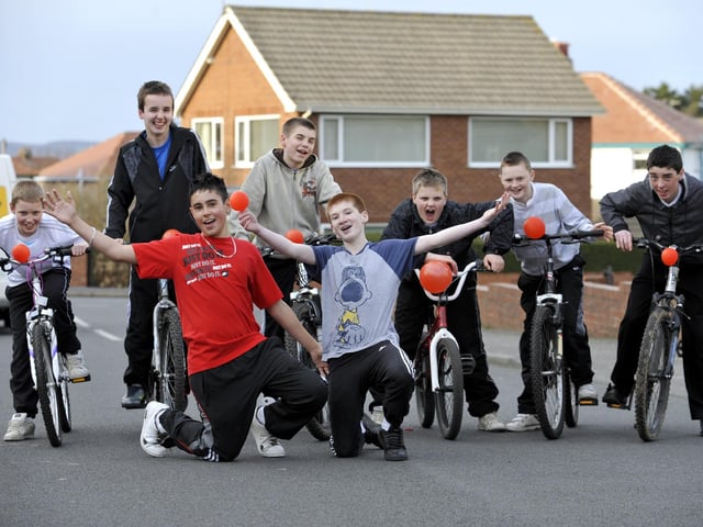 Friends from Graham School doing their second sponsored cycle together, this time for Red Nose Day. From left, Ross Campbell, Aidan Thomas, Cobi Johnson, Matthew England, Liam Glaves, James Wood, front, Liam Giles, and Alex Cook (who came up with the idea of the cycle)  091016a, pic by Andrew Higgins