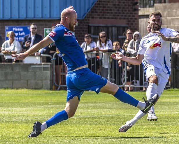 Stuart Dallas scores Leeds United Legends' second goal in the 5-5 draw against Whitby Town Legends on Sunday. Photo by Brian Murfield