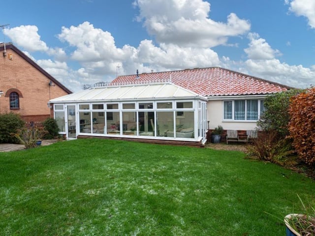 The frontage of the Sewerby bungalow that has gardens and sea views.