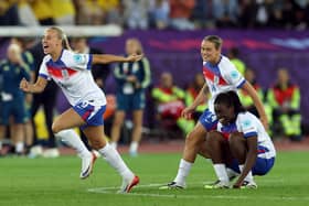 England's Beth Mead, Grace Clinton and Michelle Agyemang of England celebrate after winning the Euro 2025 quarter-final penalty shoot-out v Sweden.  Photo by Eddie Keogh/Getty Images