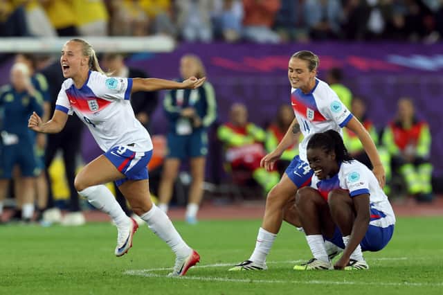 England's Beth Mead, Grace Clinton and Michelle Agyemang of England celebrate after winning the Euro 2025 quarter-final penalty shoot-out v Sweden. Photo by Eddie Keogh/Getty Images