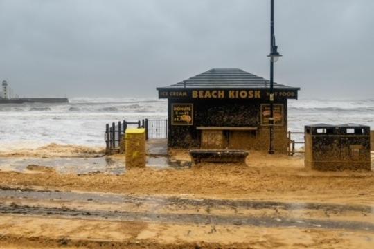 A lot of seafoam was left along Scarborough seafront by the crashing waves.