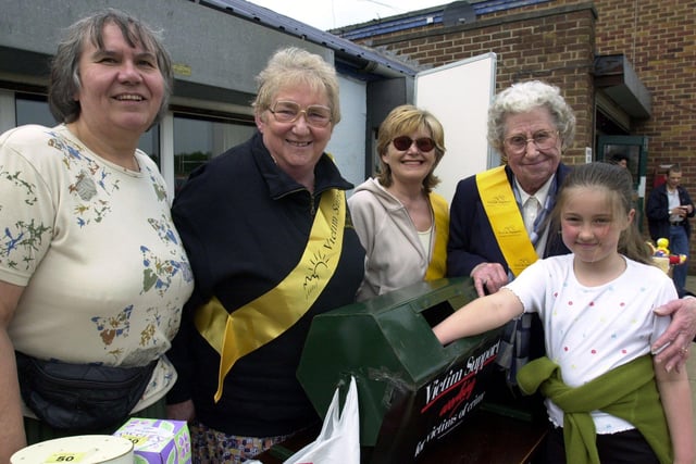 Barbara Plumb, Sheila Mitchinson, (Chairman)     Doncaster Victim Support Group Jackie Hart and Mary Gore at a charity rugby match