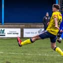 Josef Wheatley opens the scoring for Whitby Town in their 4-1 home win against Matlock Town on Saturday afternoon. PHOTOS BY BRIAN MURFIELD