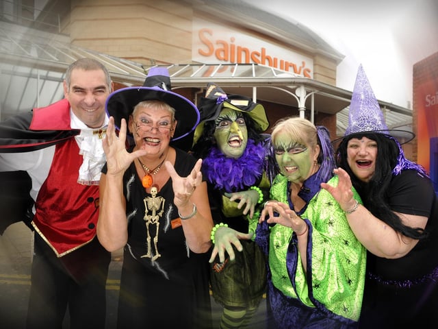 Staff at Sainsbury's Falsgrave store, in Halloween costume, for the store's chosen charity, Scarborough Children's Cystic Fibrosis.  094491c        photo: Andrew Higgins